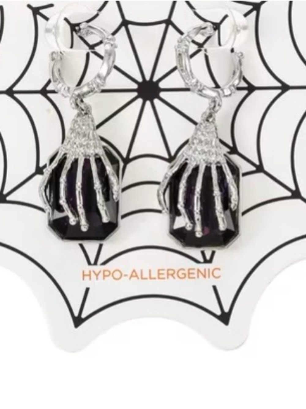 Silver-Tone Spider Claw Drop Earrings with Dark Purple Gem Accents NWT